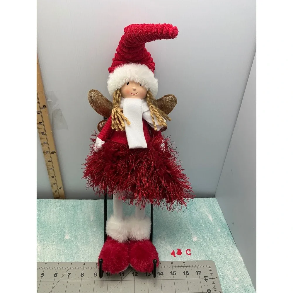 Red White Christmas Fairy Shelf Sitter Holiday Decor Glitter Wings 18 Inch